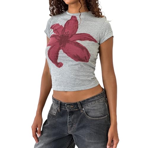 Yassiglia Damen Sommer T-Shirt Kurzarm Crop Top Elegant Blumen Druck Tunika Oberteile Y2K Baby Tees Basic Slim Fit Tops Summer Aesthetic Clothes (Grau, L) von Yassiglia