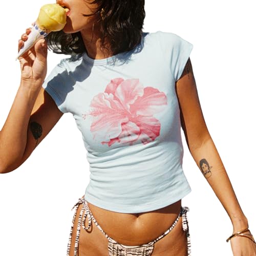 Yassiglia Damen Sommer T-Shirt Kurzarm Crop Top Elegant Blumen Druck Tunika Oberteile Y2K Baby Tees Basic Slim Fit Tops Summer Aesthetic Clothes (Hellblau-Rosa B, L) von Yassiglia