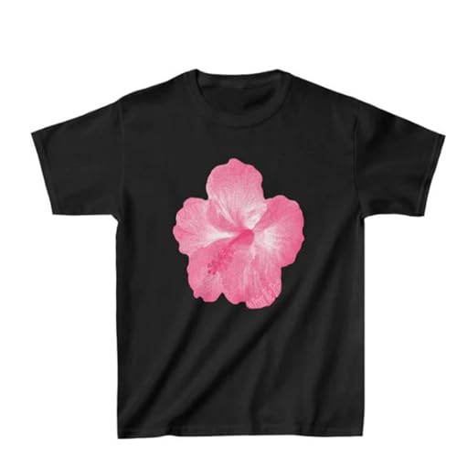 Yassiglia Damen Sommer T-Shirt Kurzarm Crop Top Elegant Blumen Druck Tunika Oberteile Y2K Baby Tees Basic Slim Fit Tops Summer Aesthetic Clothes (Schwarz-Rosa, M) von Yassiglia