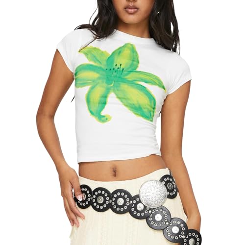 Yassiglia Damen Sommer T-Shirt Kurzarm Crop Top Elegant Blumen Druck Tunika Oberteile Y2K Baby Tees Basic Slim Fit Tops Summer Aesthetic Clothes (Weiß-Grün, S) von Yassiglia