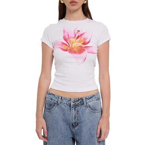 Yassiglia Damen Sommer T-Shirt Kurzarm Crop Top Elegant Blumen Druck Tunika Oberteile Y2K Baby Tees Basic Slim Fit Tops Summer Aesthetic Clothes (Weiß-Rosa, M) von Yassiglia