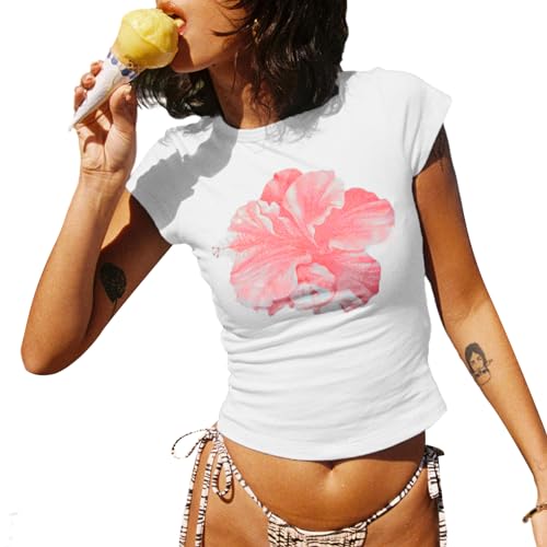 Yassiglia Damen Sommer T-Shirt Kurzarm Crop Top Elegant Blumen Druck Tunika Oberteile Y2K Baby Tees Basic Slim Fit Tops Summer Aesthetic Clothes (Weiß-Rosa B, L) von Yassiglia