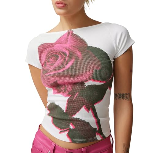 Yassiglia Damen Sommer T-Shirt Kurzarm Crop Top Elegant Blumen Druck Tunika Oberteile Y2K Baby Tees Basic Slim Fit Tops Summer Aesthetic Clothes (Weiß-Rosa C, L) von Yassiglia