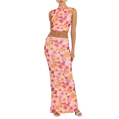 Yassiglia Damen Sommer Zweiteiler Outfit Sexy Party Outfit Y2K 2 Teilig Anzug Elegant Hawaii Strand Outfits Rock und Oberteil Set Streetwear Beachwear Clubwear (Rosa Orange, M) von Yassiglia