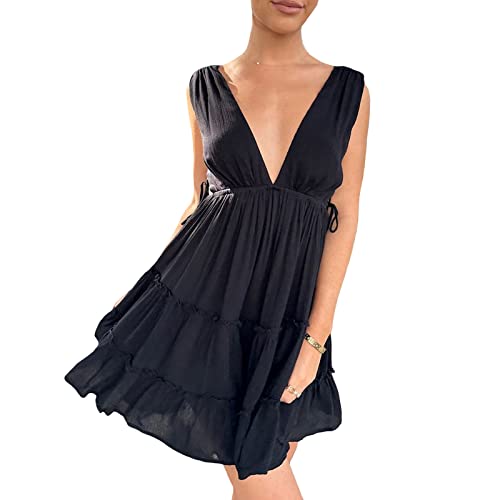 Yassiglia Damen Sommerkleid Elegant Knielang Rückenfrei Sommer Kleider Tiefer V-Ausschnitt Midikleid Ärmellos Freizeitkleid mit Rüsche Spaghetti Träger A-Linie Kleid (A-schwarz, L) von Yassiglia