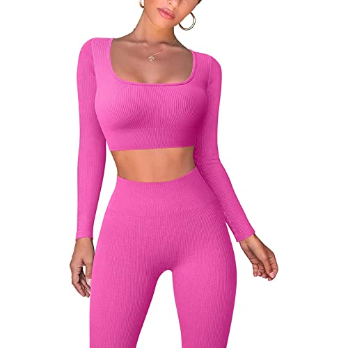 Yassiglia Damen Sportanzug Fittness Jogginganzug Einfarbig Sport Set Zweiteiliges Sportbekleidungsset Yoga Workout Outfit Langarm Bauchfrei Top Sport Leggings (Rosa , S ) von Yassiglia