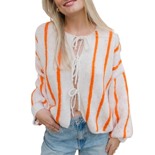 Yassiglia Damen Strickjacke Kurz Cardigan mit Schleife Tie-Up Front Streifen Pullover Lässige Weiche Langarm Strickweste (Beige, S) von Yassiglia
