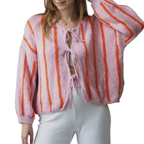 Yassiglia Damen Strickjacke Kurz Cardigan mit Schleife Tie-Up Front Streifen Pullover Lässige Weiche Langarm Strickweste (Rosa, L) von Yassiglia