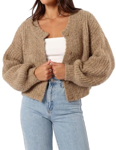Yassiglia Damen Strickjacke Kurz Strick Top Vorne Offen Sweatshirt Jacke Elegant Strickpullover Locker Lässiger Cardigan (Khaki, L) von Yassiglia