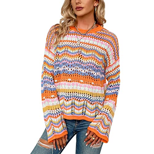 Yassiglia Damen Strickpullover Grobmaschig Sommer Y2K Knit Crop Tops Aushöhlen Langarmshirt Herbst Elegant Häkeltop Transparent Gestrickt Pullover Crochet Cover Up (Mehrfarbig Orange, S) von Yassiglia