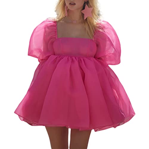 Yassiglia Damen Süße Elegante Kleider Puffärmel Tüllkleid Quadratischer Ausschnitt Prinzessin Minikleid Bubble Sleeve Mesh Kleid A-Linie Partykleid (Dunkel Rosa, M) von Yassiglia