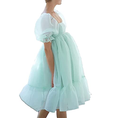 Yassiglia Damen Süße Elegante Kleider Puffärmel Tüllkleid Quadratischer Ausschnitt Prinzessin Minikleid Bubble Sleeve Mesh Kleid A-Linie Partykleid (Grün, M) von Yassiglia