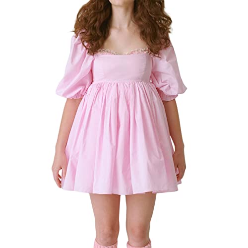 Yassiglia Damen Süße Elegante Kleider Puffärmel Tüllkleid Quadratischer Ausschnitt Prinzessin Minikleid Bubble Sleeve Mesh Kleid A-Linie Partykleid (Rosa B, S) von Yassiglia