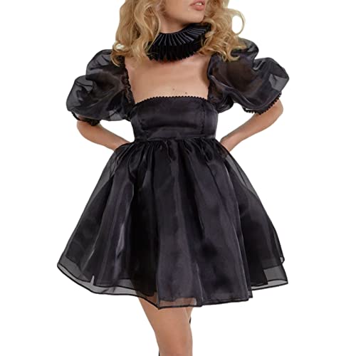 Yassiglia Damen Süße Elegante Kleider Puffärmel Tüllkleid Quadratischer Ausschnitt Prinzessin Minikleid Bubble Sleeve Mesh Kleid A-Linie Partykleid (Schwarz A, XXL) von Yassiglia