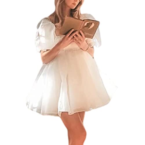 Yassiglia Damen Süße Elegante Kleider Puffärmel Tüllkleid Quadratischer Ausschnitt Prinzessin Minikleid Bubble Sleeve Mesh Kleid A-Linie Partykleid (Weiß A, L) von Yassiglia