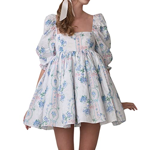 Yassiglia Damen Süße Elegante Kleider Puffärmel Tüllkleid Quadratischer Ausschnitt Prinzessin Minikleid Bubble Sleeve Mesh Kleid A-Linie Partykleid (Weiß Blau, S) von Yassiglia