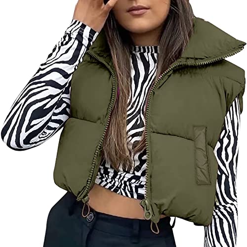 Yassiglia Damen Weste Kurze Ärmellose Jacke Warme Steppweste ohne Kapuze Daunenweste Winter Frühling Stehkragen, Gesteppt, Leicht (Armeegrün mit Taschen, Medium) von Yassiglia