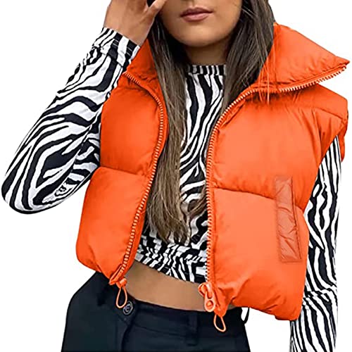 Yassiglia Damen Weste Kurze Ärmellose Jacke Warme Steppweste ohne Kapuze Daunenweste Winter Frühling Stehkragen, Gesteppt, Leicht (Orange mit Taschen, Medium) von Yassiglia