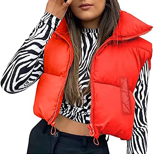 Yassiglia Damen Weste Kurze Ärmellose Jacke Warme Steppweste ohne Kapuze Daunenweste Winter Frühling Stehkragen, Gesteppt, Leicht (Rot mit Taschen, Medium) von Yassiglia