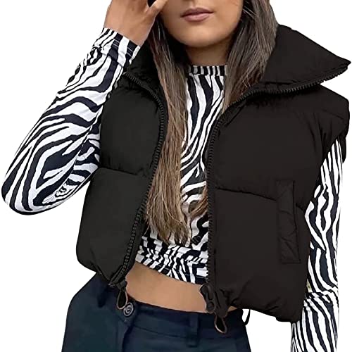 Yassiglia Damen Weste Kurze Ärmellose Jacke Warme Steppweste ohne Kapuze Daunenweste Winter Frühling Stehkragen, Gesteppt, Leicht (Schwarz mit Taschen, Large) von Yassiglia