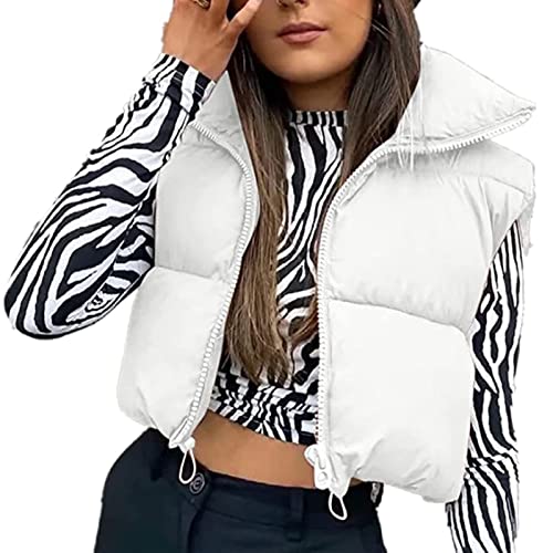 Yassiglia Damen Weste Kurze Ärmellose Jacke Warme Steppweste ohne Kapuze Daunenweste Winter Frühling Stehkragen, Gesteppt, Leicht (Weiß, Large) von Yassiglia