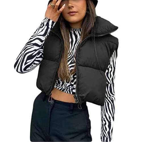 Yassiglia Damen Weste Kurze Ärmellose Jacke Warme Steppweste ohne Kapuze Daunenweste Winter Frühling Stehkragen, Gesteppt, Leicht (Schwarz, Medium) von Yassiglia