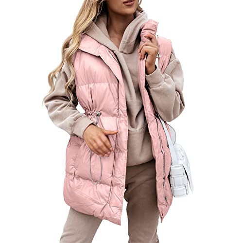 Yassiglia Damen Winter Lange Weste mit Kapuze Ärmellose Stehkragen Daunenweste mit Taschen Verdickte Leichte Steppweste Warme Winterweste Gesteppte Longweste S-XXL (Rosa, L) von Yassiglia