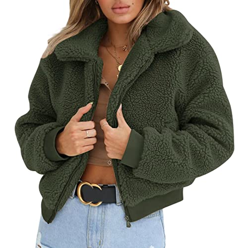 Yassiglia Damen Winterjacke Warm Teddyfleece Jacke Mädchen Elegant Pullover Fleecejacke Ohne Kapuze Flauschige Jacke Herbst Winter Sweatjacke (Dunkel Grün, L) von Yassiglia