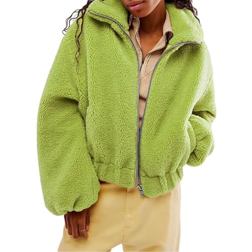 Yassiglia Damen Winterjacke Warm Teddyfleece Jacke Mädchen Elegant Pullover Fleecejacke Ohne Kapuze Flauschige Jacke Herbst Winter Sweatjacke (Grün, M) von Yassiglia