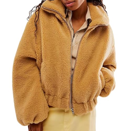 Yassiglia Damen Winterjacke Warm Teddyfleece Jacke Mädchen Elegant Pullover Fleecejacke Ohne Kapuze Flauschige Jacke Herbst Winter Sweatjacke (Kamel, M) von Yassiglia