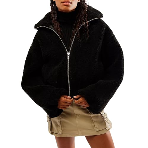 Yassiglia Damen Winterjacke Warm Teddyfleece Jacke Mädchen Elegant Pullover Fleecejacke Ohne Kapuze Flauschige Jacke Herbst Winter Sweatjacke (Schwarz, L) von Yassiglia