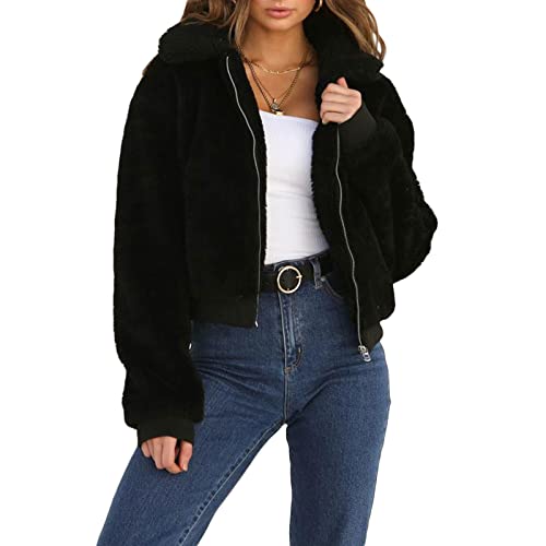 Yassiglia Damen Winterjacke Warm Teddyfleece Jacke Mädchen Elegant Pullover Fleecejacke Ohne Kapuze Flauschige Jacke Herbst Winter Sweatjacke (Schwarz A, S) von Yassiglia