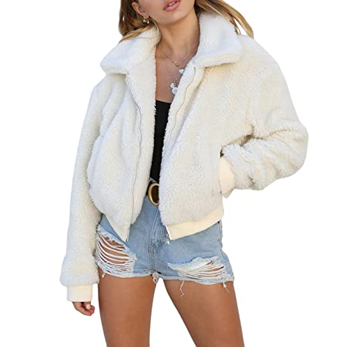 Yassiglia Damen Winterjacke Warm Teddyfleece Jacke Mädchen Elegant Pullover Fleecejacke Ohne Kapuze Flauschige Jacke Herbst Winter Sweatjacke (Weiß, XL) von Yassiglia