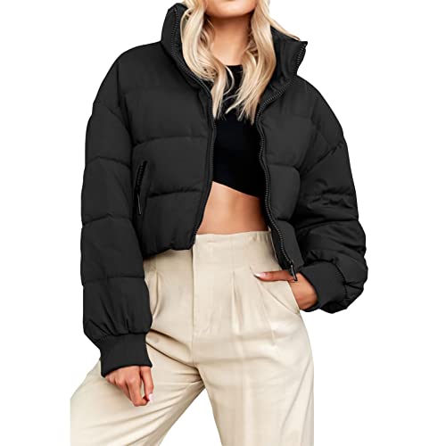 Yassiglia Damen Winterjacke Warme Puffer Jacke Leichte Daunenjacke Verdickte Sweatjacke ohne Kapuze Mädchen Herbst Winter Bomberjacke Outdoor Streetwear (Schwarz A, L) von Yassiglia