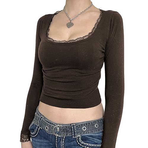 Yassiglia Damen Y2K Crop Top Spitze Patchwork Langarmshirt Eng U-Ausschnitt Oberteil Fashion Aesthetic Clothes für Teenager Mädchen (Braun A, M) von Yassiglia