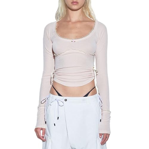 Yassiglia Damen Y2K Crop Top Spitze Patchwork Langarmshirt Eng U-Ausschnitt Oberteil Fashion Aesthetic Clothes für Teenager Mädchen (Hell Rosa, S) von Yassiglia