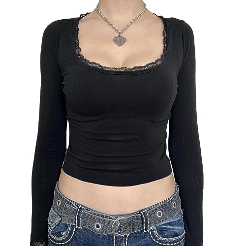 Yassiglia Damen Y2K Crop Top Spitze Patchwork Langarmshirt Eng U-Ausschnitt Oberteil Fashion Aesthetic Clothes für Teenager Mädchen (Schwarz A, S) von Yassiglia