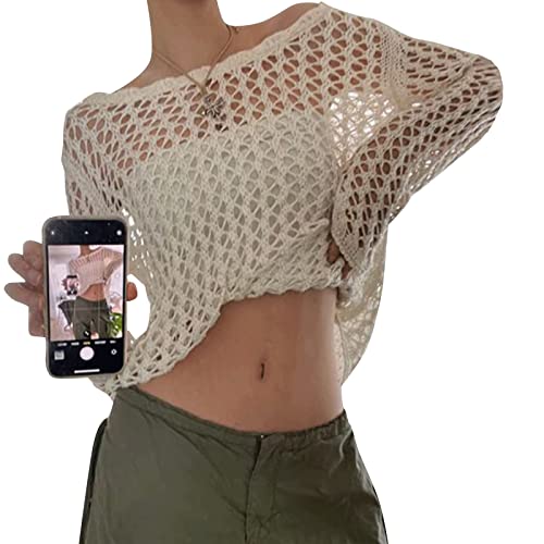 Yassiglia Damen Y2K Häkelpullover Langarm Sexy Hollow Out Crop Tops Durchsichtiges Fischnetz Top Cover Up Shirt, weiß, M von Yassiglia