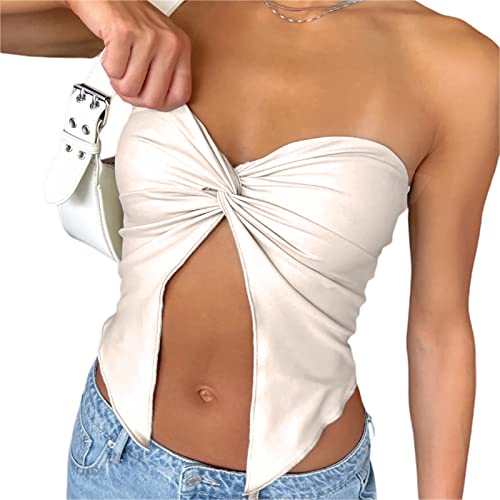 Yassiglia Damen Y2K Spitze Bandeau Top Sexy Tube Top Mesh Lace Patchwork Crop Tops Transparent Oberteil Sommer Lang Tank Top (Aprikose, S) von Yassiglia