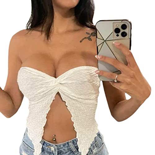 Yassiglia Damen Y2K Spitze Bandeau Top Sexy Tube Top Mesh Lace Patchwork Crop Tops Transparent Oberteil Sommer Lang Tank Top (B Weiß, S) von Yassiglia