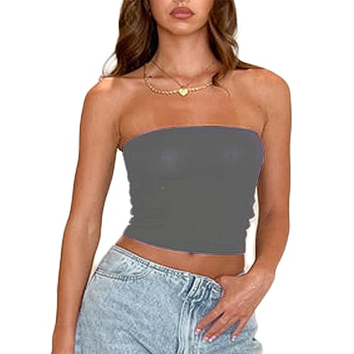 Yassiglia Damen Y2K Spitze Bandeau Top Sexy Tube Top Mesh Lace Patchwork Crop Tops Transparent Oberteil Sommer Lang Tank Top (Grau, S) von Yassiglia