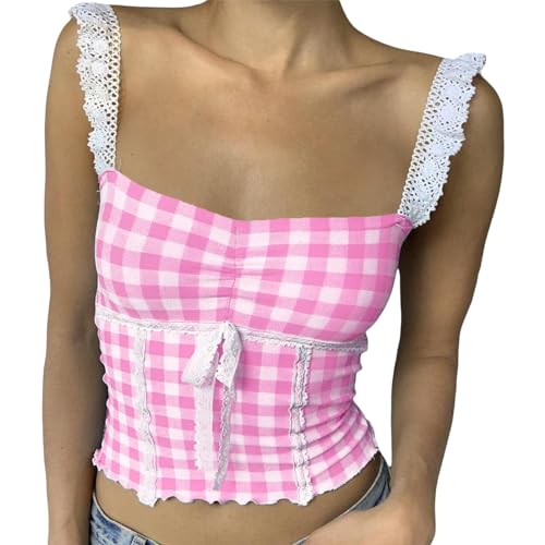 Yassiglia Damen Y2K Tank Top Sommer Ärmellos Trägertop Sexy Rückenfrei Lace Camisole Summer Spaghetti Träger Crop Tops Aesthetic Clothes (Rosa Karo, M) von Yassiglia