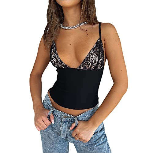 Yassiglia Damen Y2K Tank Top Sommer Ärmellos Trägertop Sexy Rückenfrei Lace Camisole Summer Spaghetti Träger Crop Tops Aesthetic Clothes (Schwarz B, M) von Yassiglia