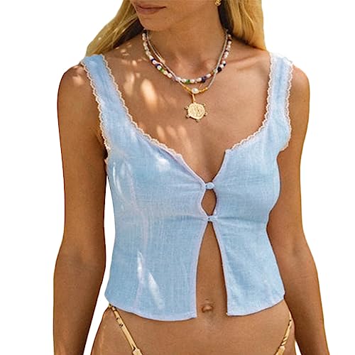 Yassiglia Damen Y2K Top Sexy Corset Crop Top Camisole Slim Fit Cami Top Sommer Kurz Oberteil Ärmellos Spaghetti Träger Shirt für Party Club Freizeit (C-Blau, M) von Yassiglia