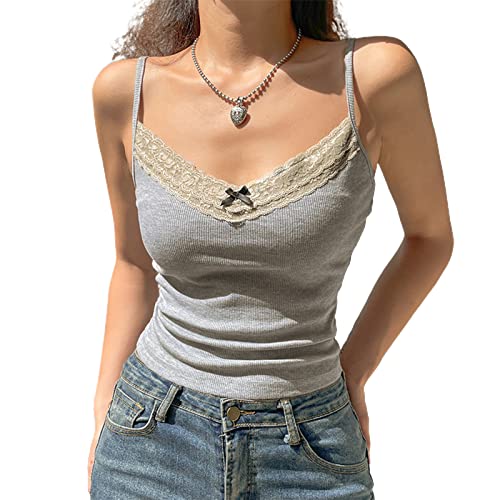 Yassiglia Damen Y2K Top Sexy Corset Crop Top Camisole Slim Fit Cami Top Sommer Kurz Oberteil Ärmellos Spaghetti Träger Shirt für Party Club Freizeit (Grau, S) von Yassiglia