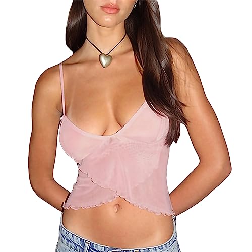 Yassiglia Damen Y2K Top Sexy Corset Crop Top Camisole Slim Fit Cami Top Sommer Kurz Oberteil Ärmellos Spaghetti Träger Shirt für Party Club Freizeit (Hell Rosa, M) von Yassiglia