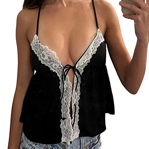 Yassiglia Damen Y2K Top Sexy Corset Crop Top Camisole Slim Fit Cami Top Sommer Kurz Oberteil Ärmellos Spaghetti Träger Shirt für Party Club Freizeit (Schwarz B, M) von Yassiglia