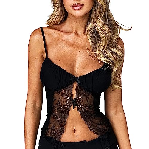 Yassiglia Damen Y2K Top Sexy Corset Crop Top Camisole Slim Fit Cami Top Sommer Kurz Oberteil Ärmellos Spaghetti Träger Shirt für Party Club Freizeit (Schwarz Spitze, S) von Yassiglia