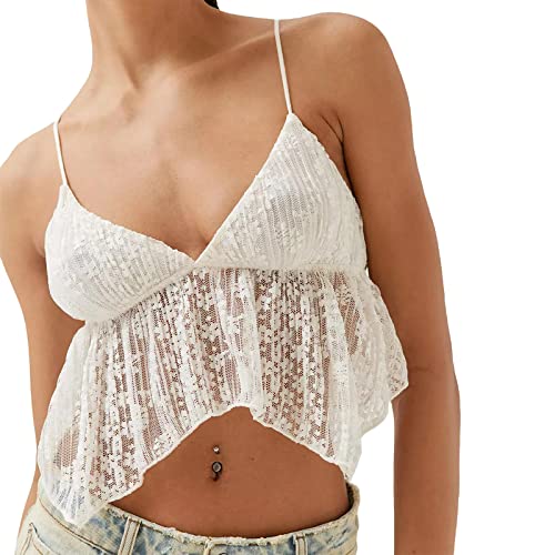 Yassiglia Damen Y2K Top Sexy Corset Crop Top Camisole Slim Fit Cami Top Sommer Kurz Oberteil Ärmellos Spaghetti Träger Shirt für Party Club Freizeit (Weiß, S) von Yassiglia