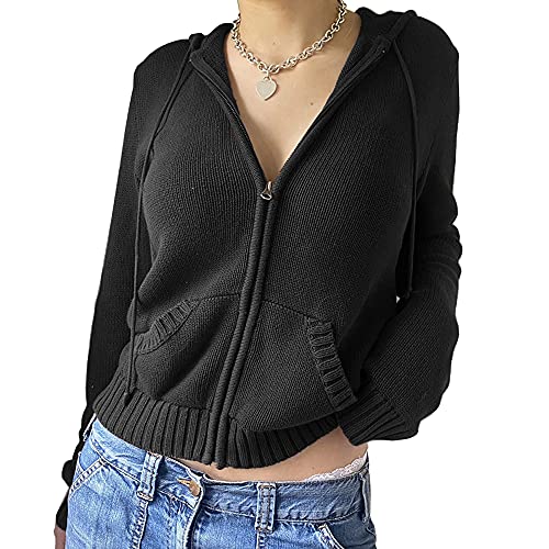 Yassiglia Damen Y2K Zip Up Hoodie Langarm Crop Top Jacke Herbst Sweatjacke mit Kapuze Übergangsjacke Zipper Pullover für Teenager Mädchen (B-Schwarz, S) von Yassiglia